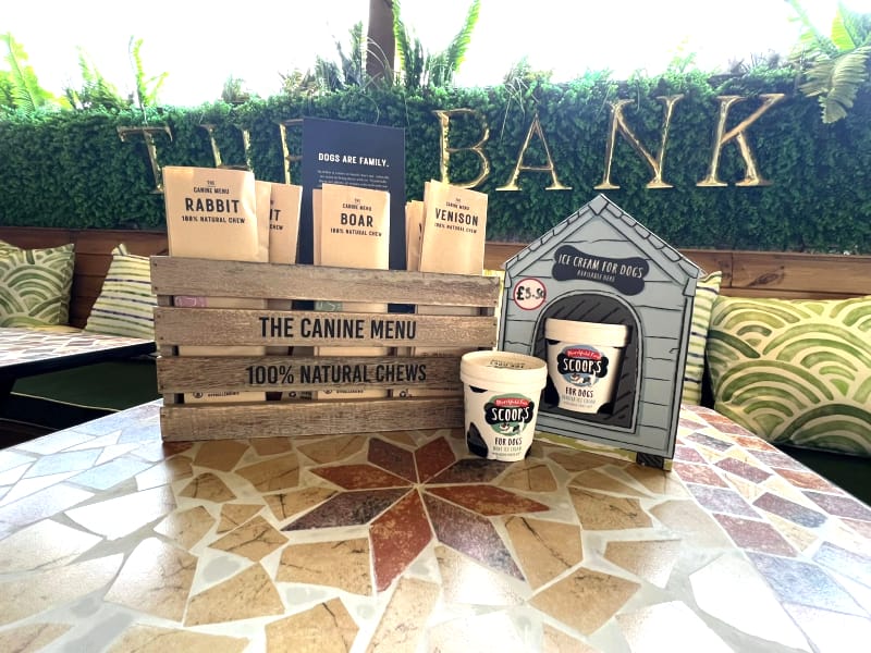 The Bank at Bude's ‘Dogs are family’ canine menu and Scoops dog ice cream on a mosaic table