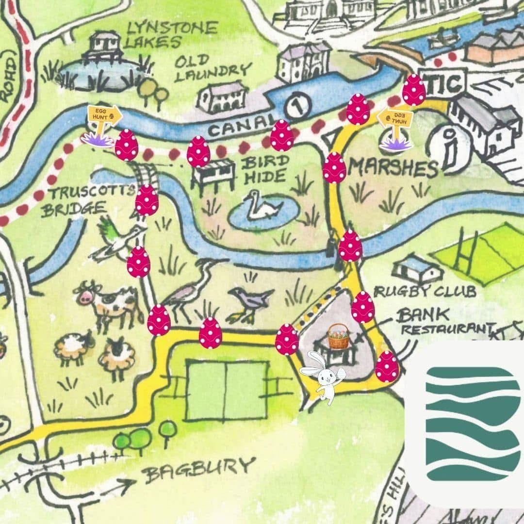 The illustrated Easter egg hunt trail map along the Bude Canal and marshes, starting from The Bank at Bude