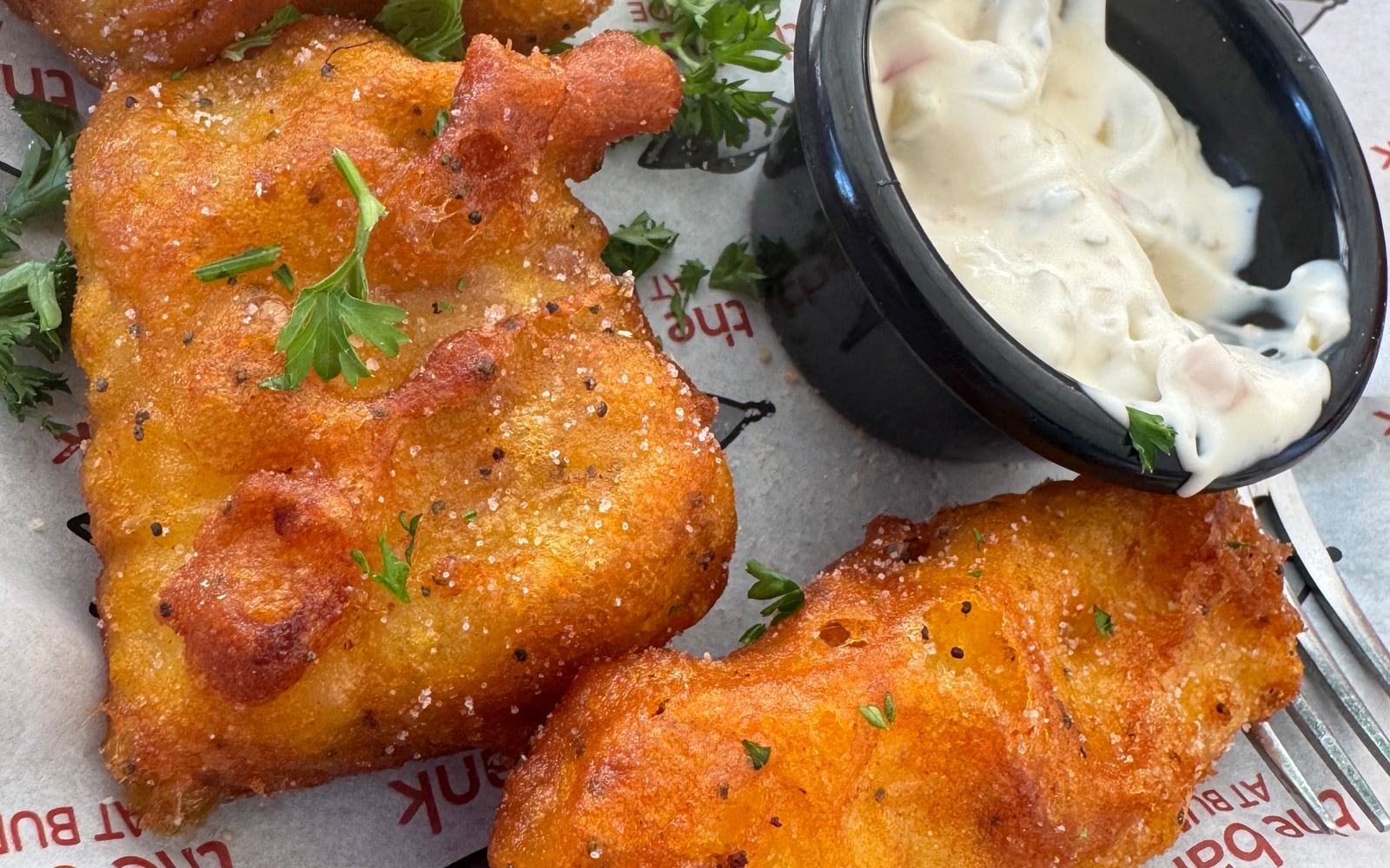 Lightly battered haddock goujons with homemade tartare sauce at The Bank at Bude